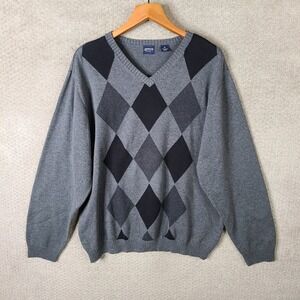 Arrow Sweater Mens XL Gray Black Argyle V Neck Golf‎ Cotton Blend Long Sleeve